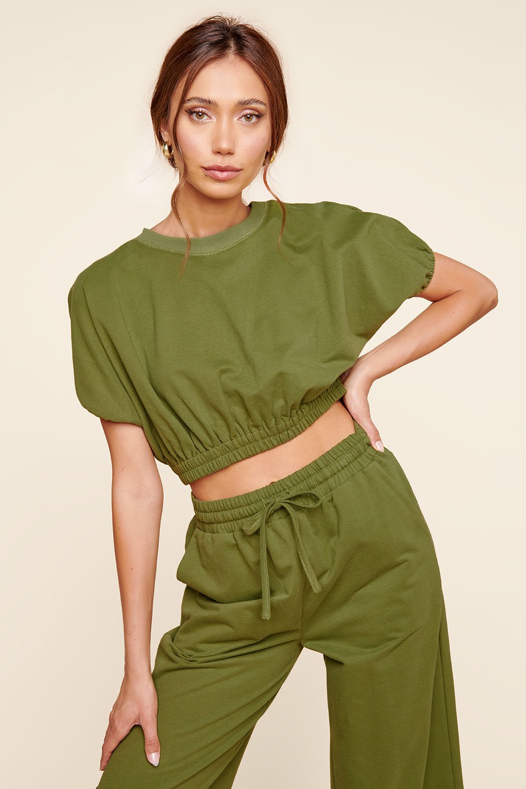 Deanna Dolman Puff Sleeve French Terry Knit Crop Top