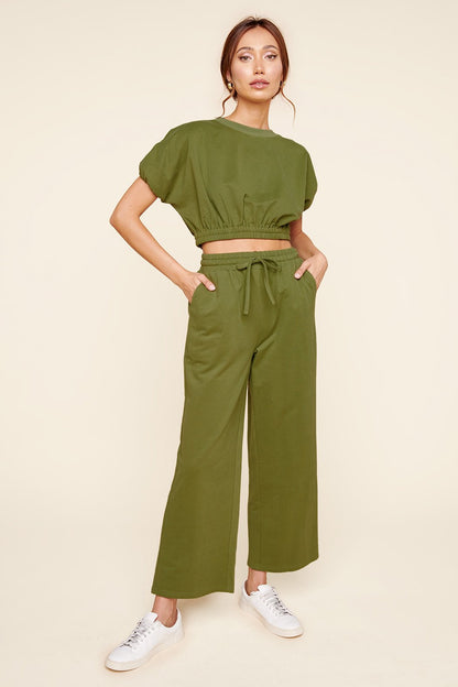 Deanna Dolman Puff Sleeve French Terry Knit Crop Top