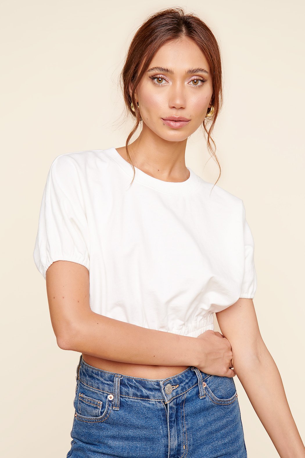 Deanna Dolman Puff Sleeve French Terry Knit Crop Top