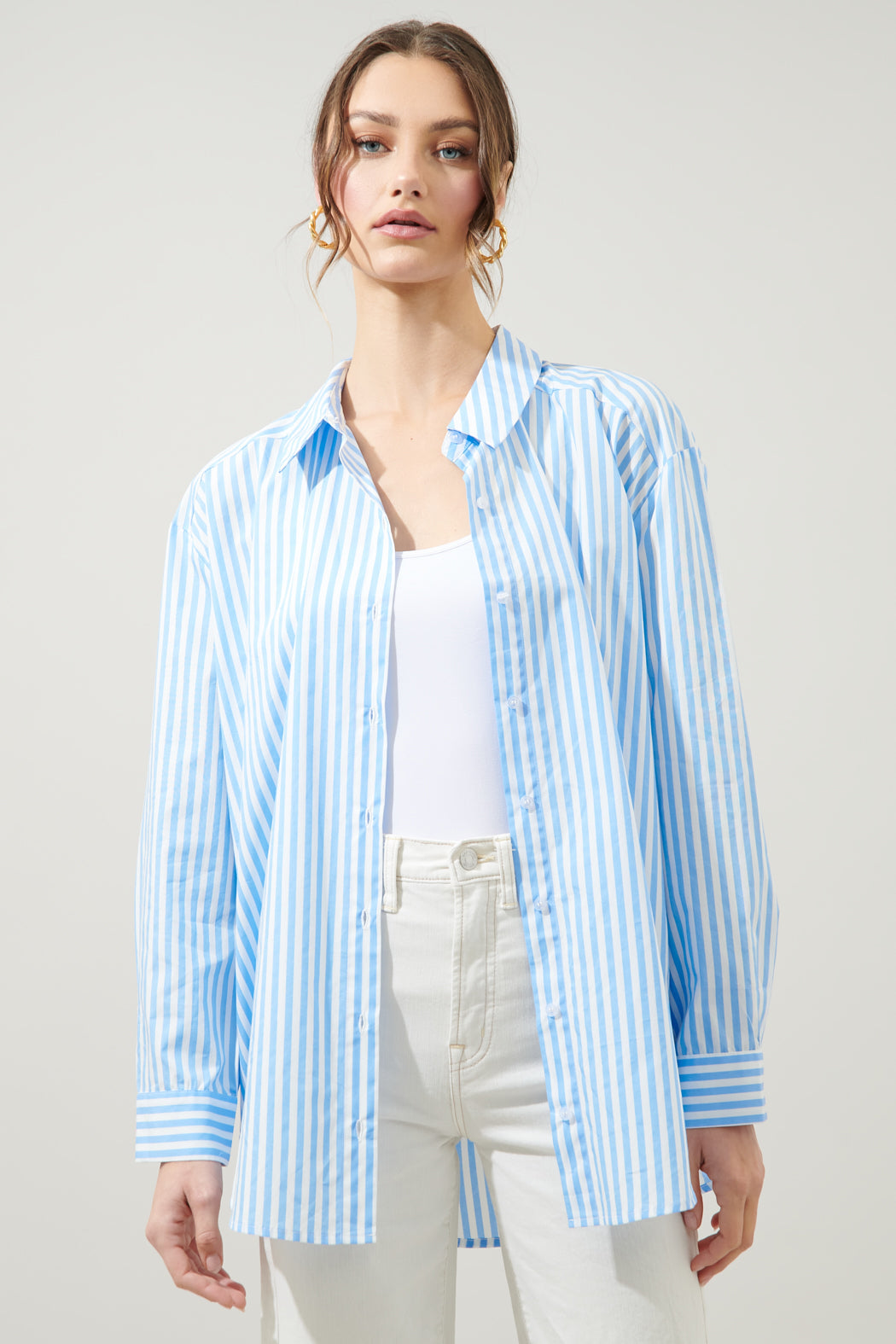 Dream State Oversized Striped Button Down Shirt