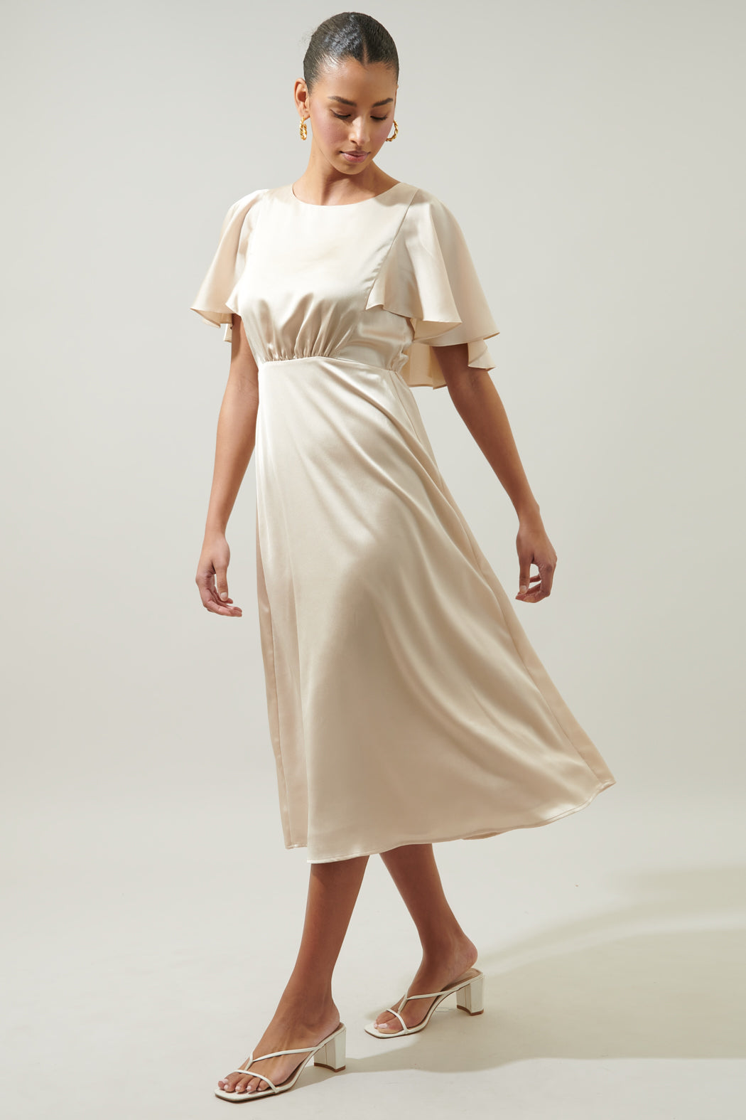 Chateau Satin Allegria Flutter Sleeve Midi Dress
