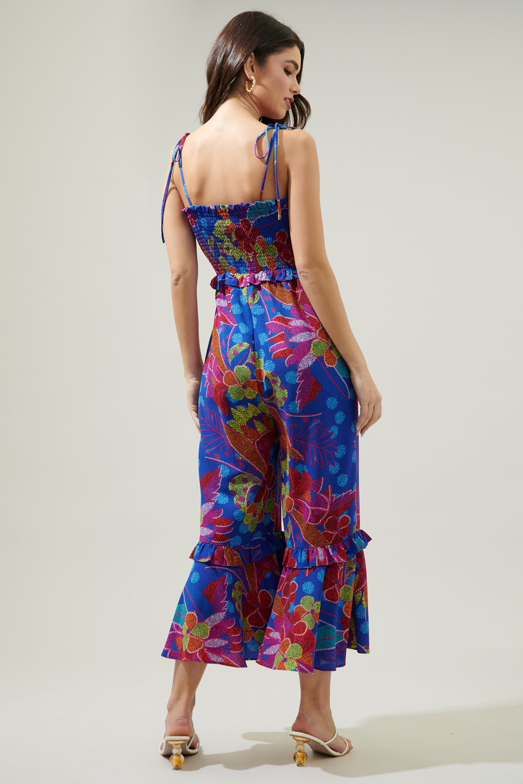 Amazonia Blue Jadora Smocked Tie Strap Cropped Jumpsuit