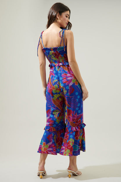 Amazonia Blue Jadora Smocked Tie Strap Cropped Jumpsuit