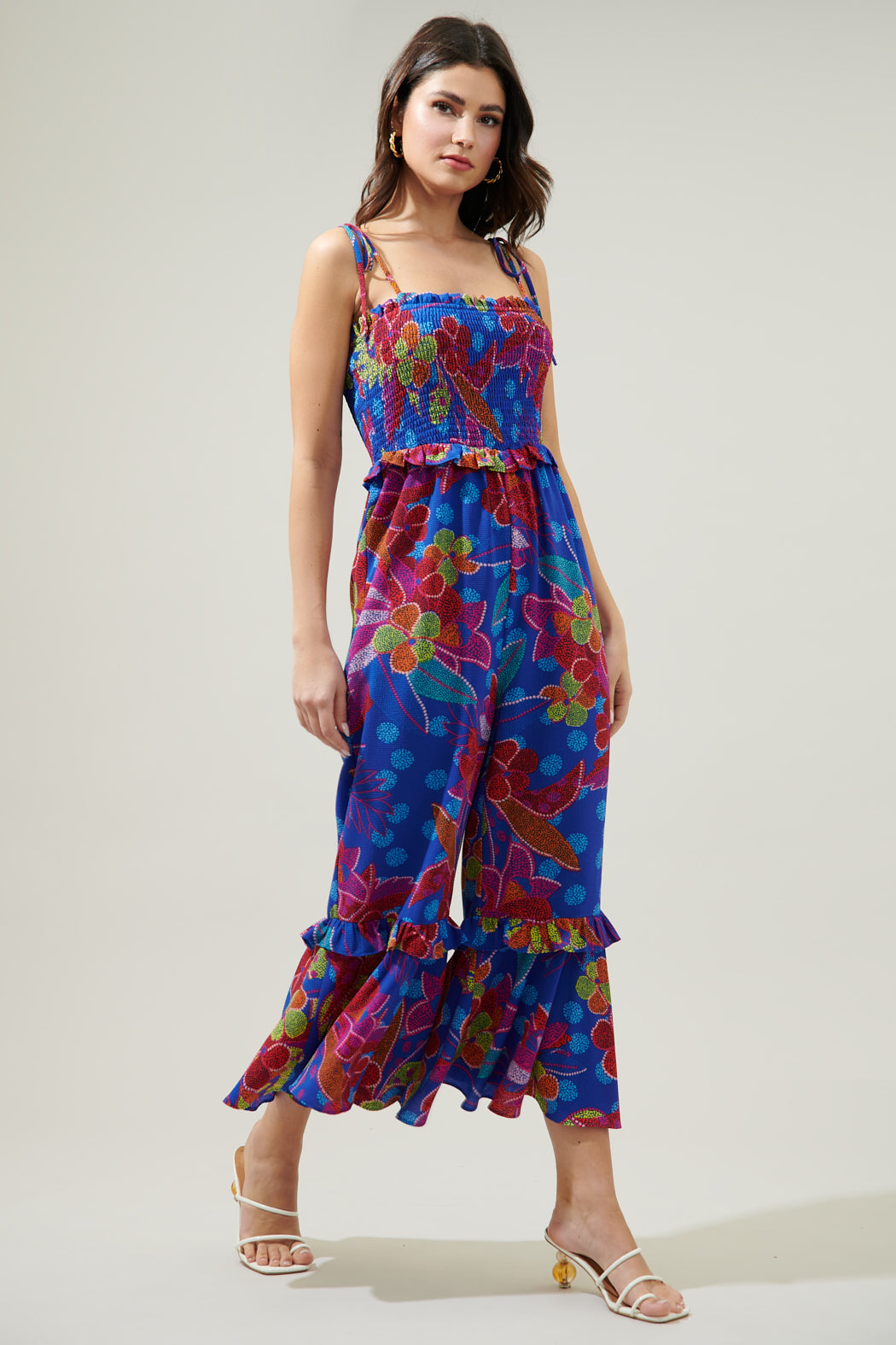 Amazonia Blue Jadora Smocked Tie Strap Cropped Jumpsuit