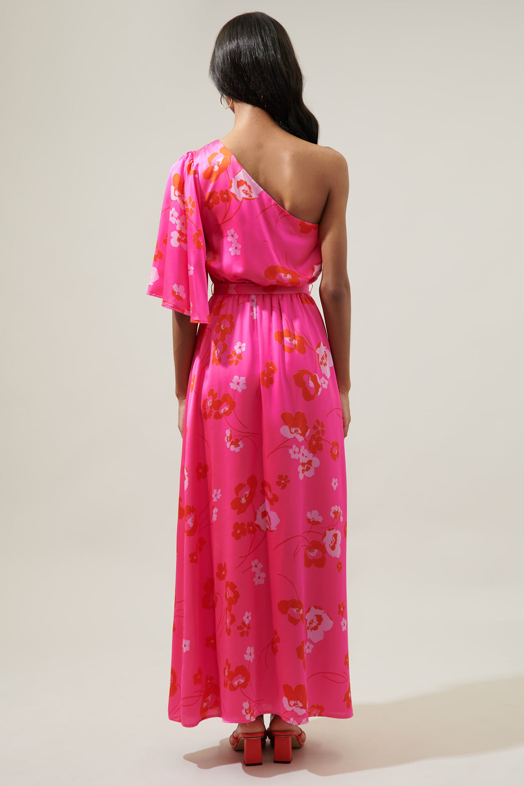 Cherry Blossom Meara One Shoulder Satin Maxi Dress