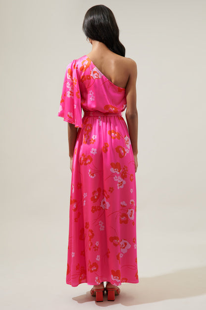 Cherry Blossom Meara One Shoulder Satin Maxi Dress