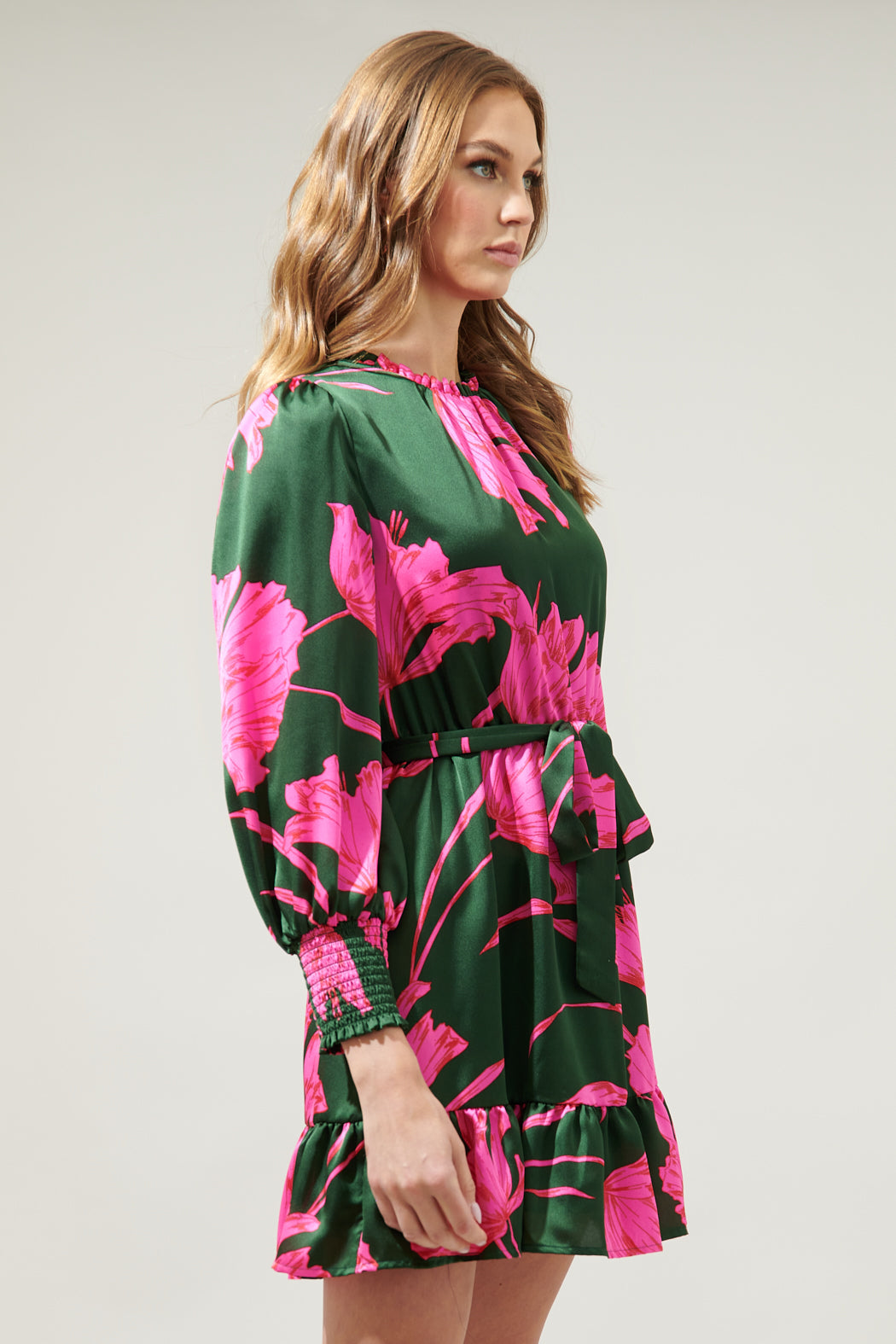 Eartha Floral Sevilla Satin Ruffle Dress