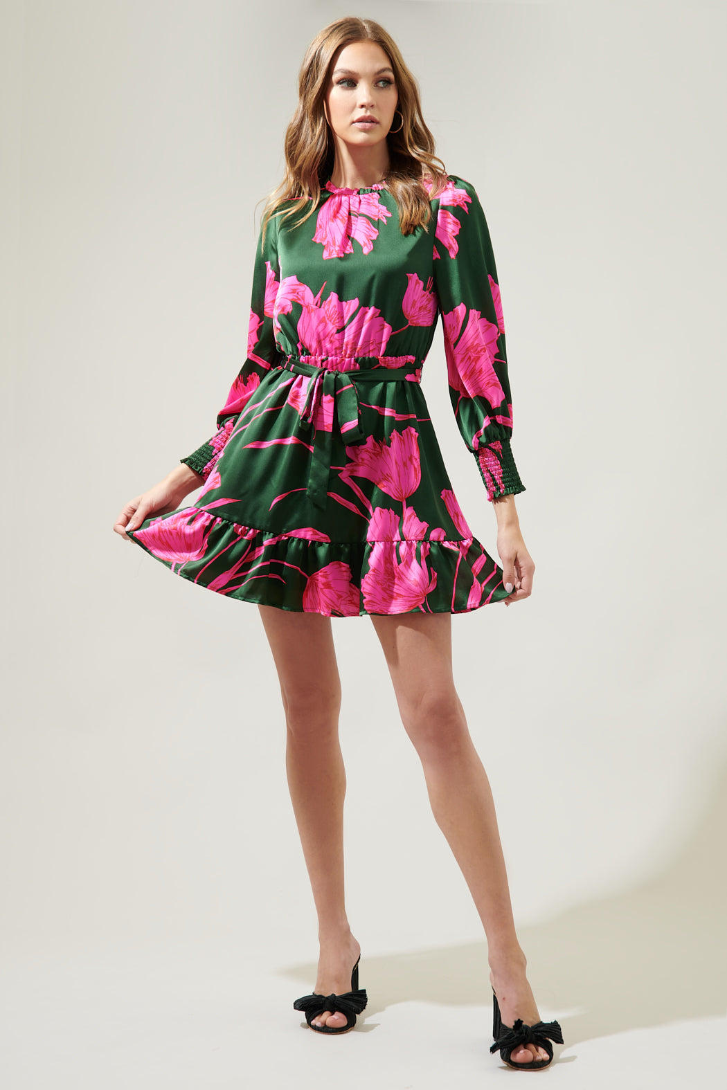 Eartha Floral Sevilla Satin Ruffle Dress