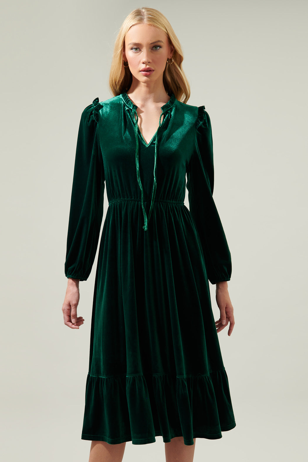 Charleston Ruffle Velvet Midi Dress