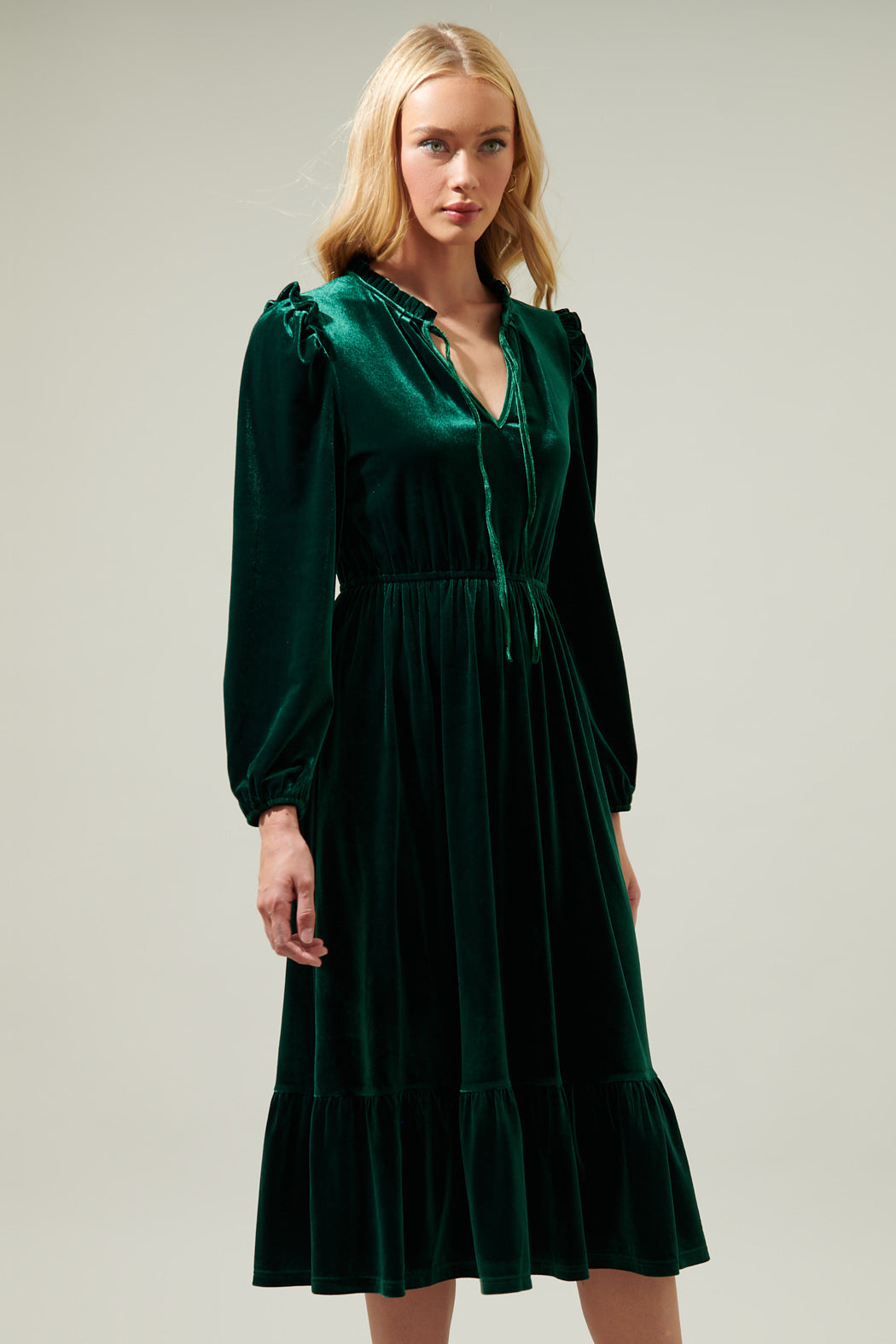 Charleston Ruffle Velvet Midi Dress