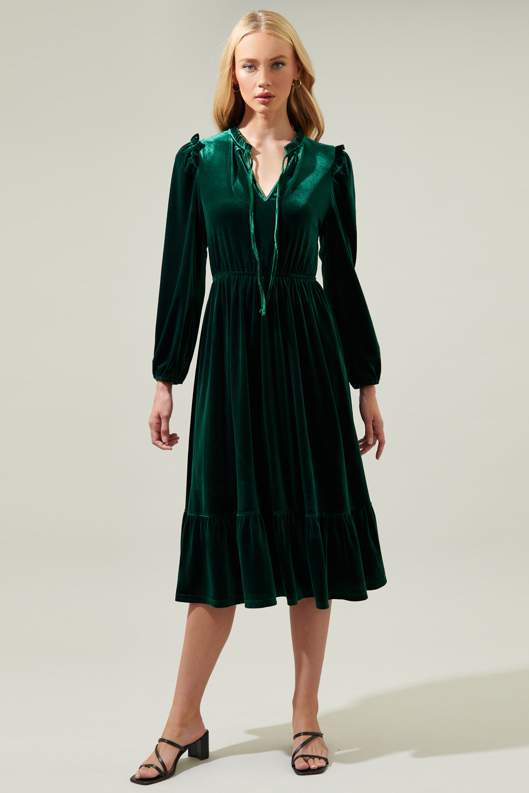 Charleston Ruffle Velvet Midi Dress