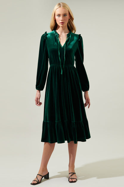 Charleston Ruffle Velvet Midi Dress
