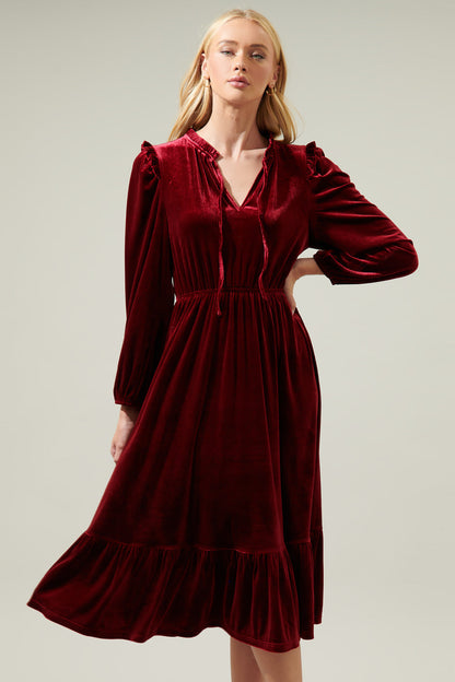 Charleston Ruffle Velvet Midi Dress