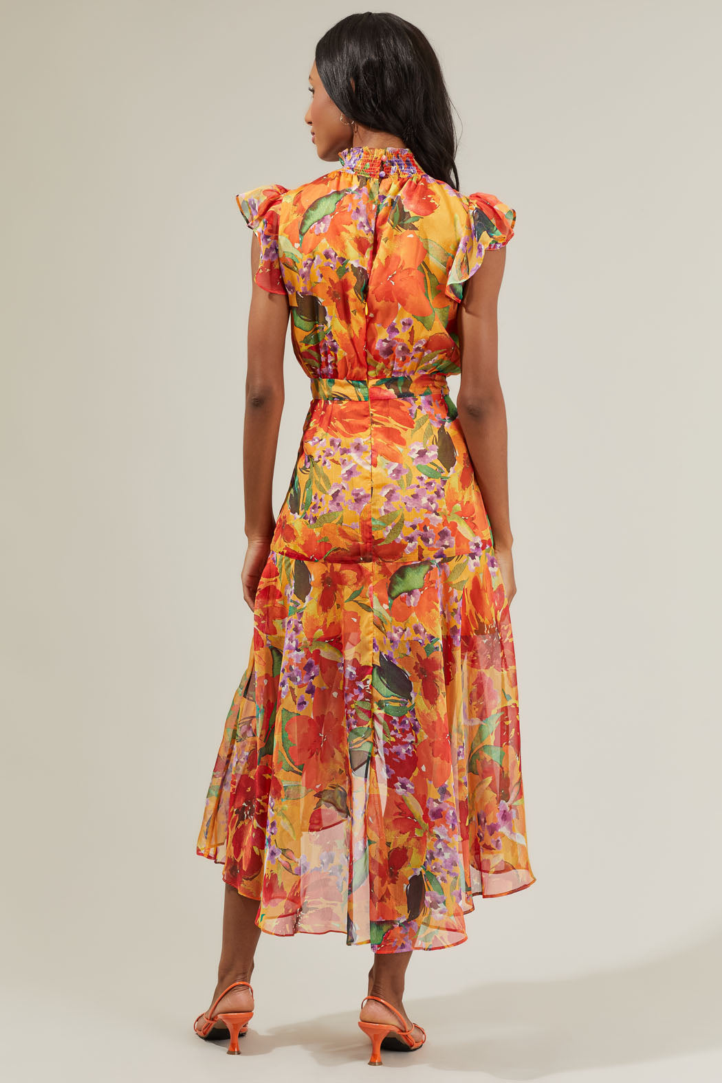Delilah Floral Blouson Drape Tiered Midi Dress