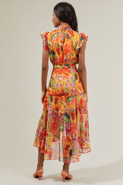 Delilah Floral Blouson Drape Tiered Midi Dress
