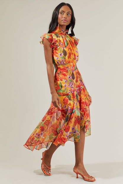 Delilah Floral Blouson Drape Tiered Midi Dress