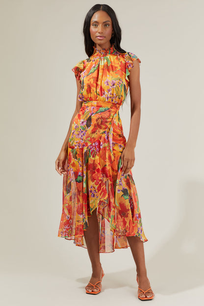 Delilah Floral Blouson Drape Tiered Midi Dress