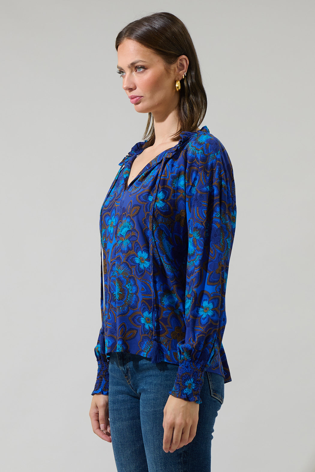 Bluford Floral Weylin Split Neck Tassel Blouse