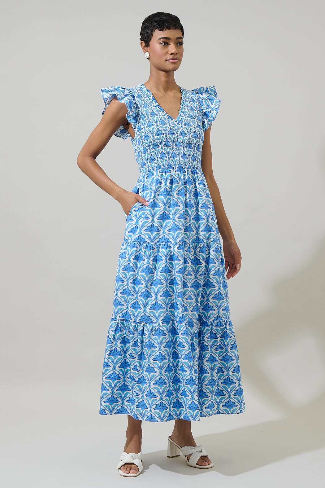 Elyse Geo Sunfire Tiered Midi Dress