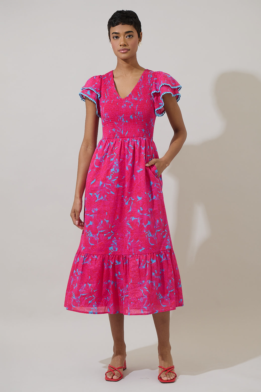 Delina Floral Patte Tiered Midi Dress