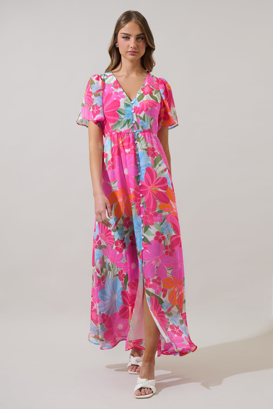 Calista Floral Linana Button Front Maxi Dress