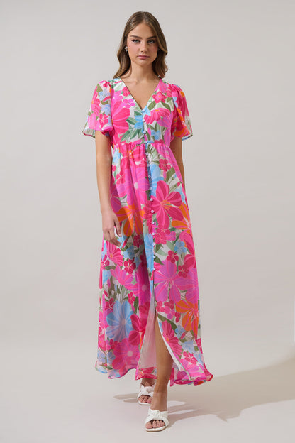 Calista Floral Linana Button Front Maxi Dress
