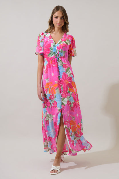 Calista Floral Linana Button Front Maxi Dress