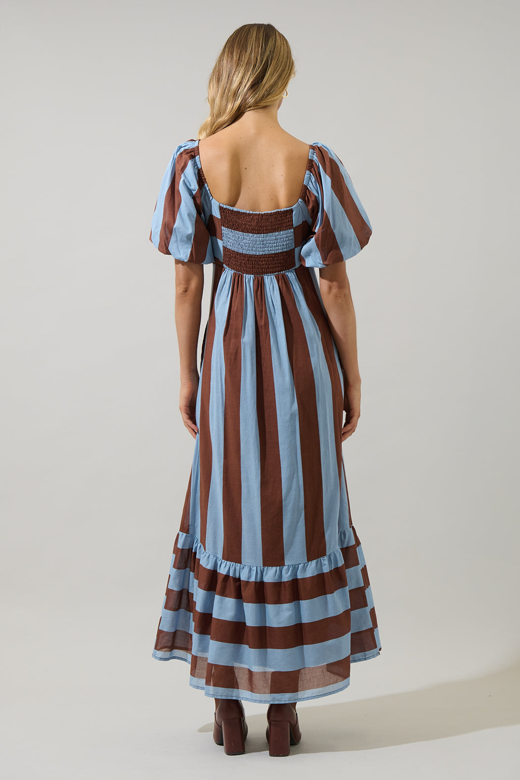 Evabelle Stripe Xena Puff Sleeve Maxi Dress