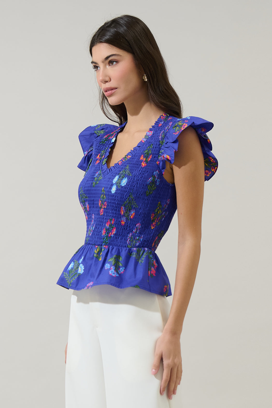 Clemen Floral Brish Smocked Ruffle Top