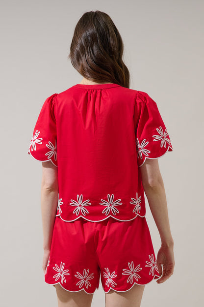 Dayna Embroidered Scallop Split Neck Top