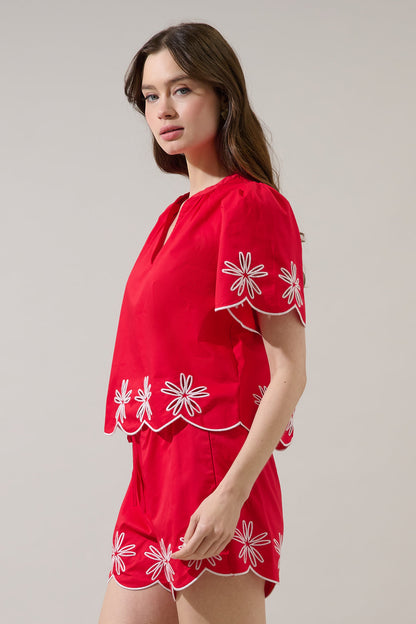 Dayna Embroidered Scallop Split Neck Top
