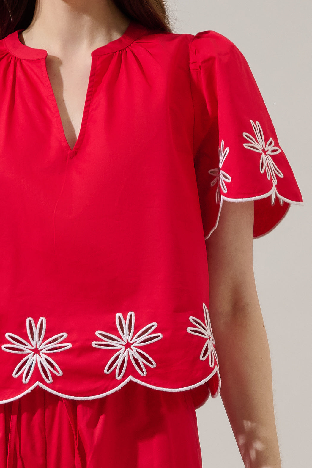 Dayna Embroidered Scallop Split Neck Top