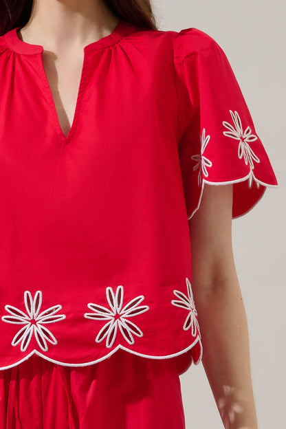 Dayna Embroidered Scallop Split Neck Top