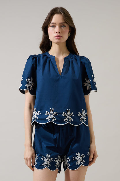 Dayna Embroidered Scallop Split Neck Top