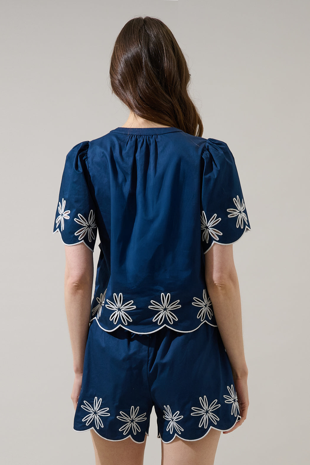 Dayna Embroidered Scallop Split Neck Top