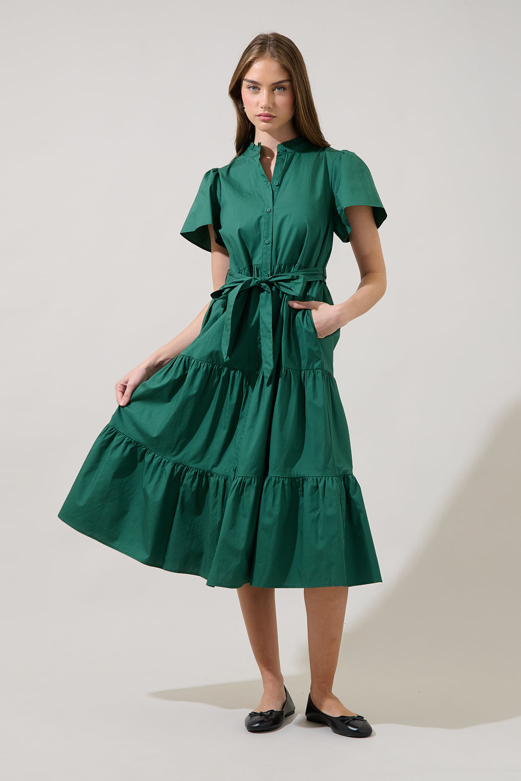 Bellucci Poplin Button Front Tiered Midi Dress