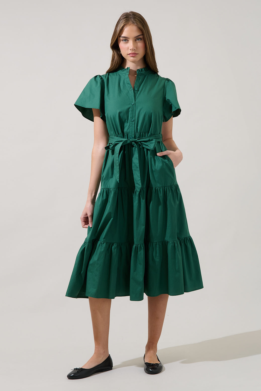 Bellucci Poplin Button Front Tiered Midi Dress