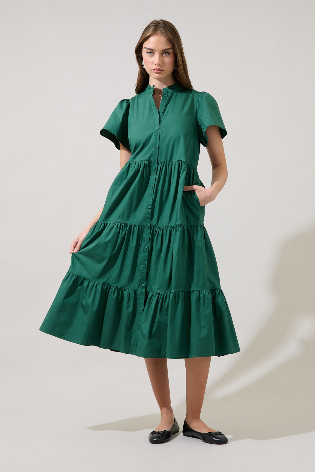Bellucci Poplin Button Front Tiered Midi Dress