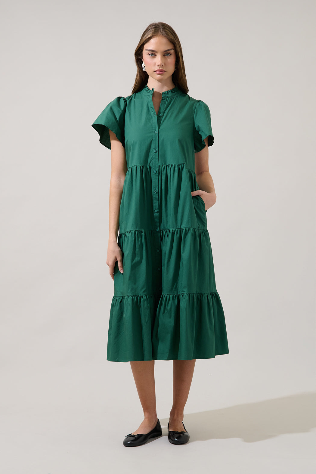 Bellucci Poplin Button Front Tiered Midi Dress