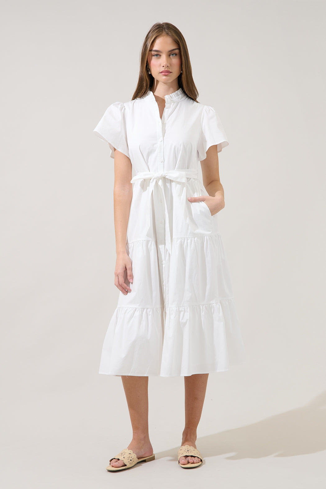 Bellucci Poplin Button Front Tiered Midi Dress