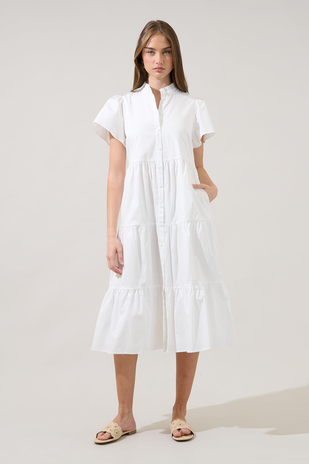 Bellucci Poplin Button Front Tiered Midi Dress