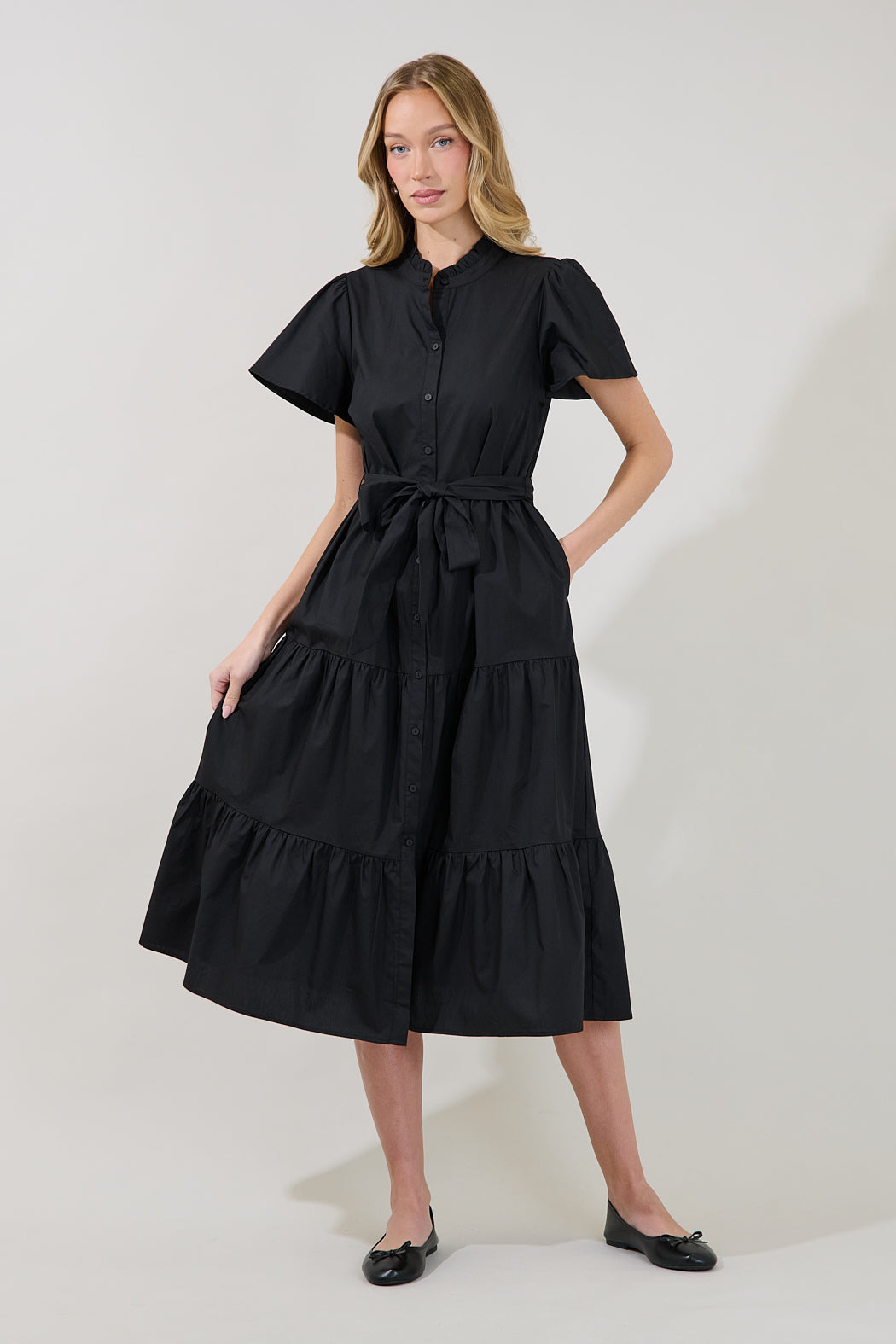 Bellucci Poplin Button Front Tiered Midi Dress