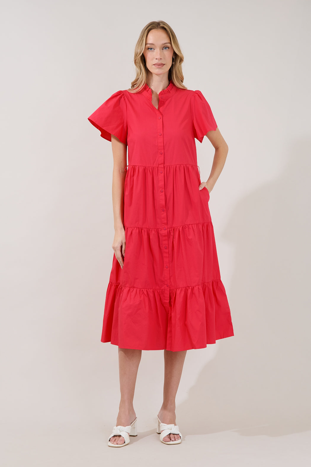 Bellucci Poplin Button Front Tiered Midi Dress