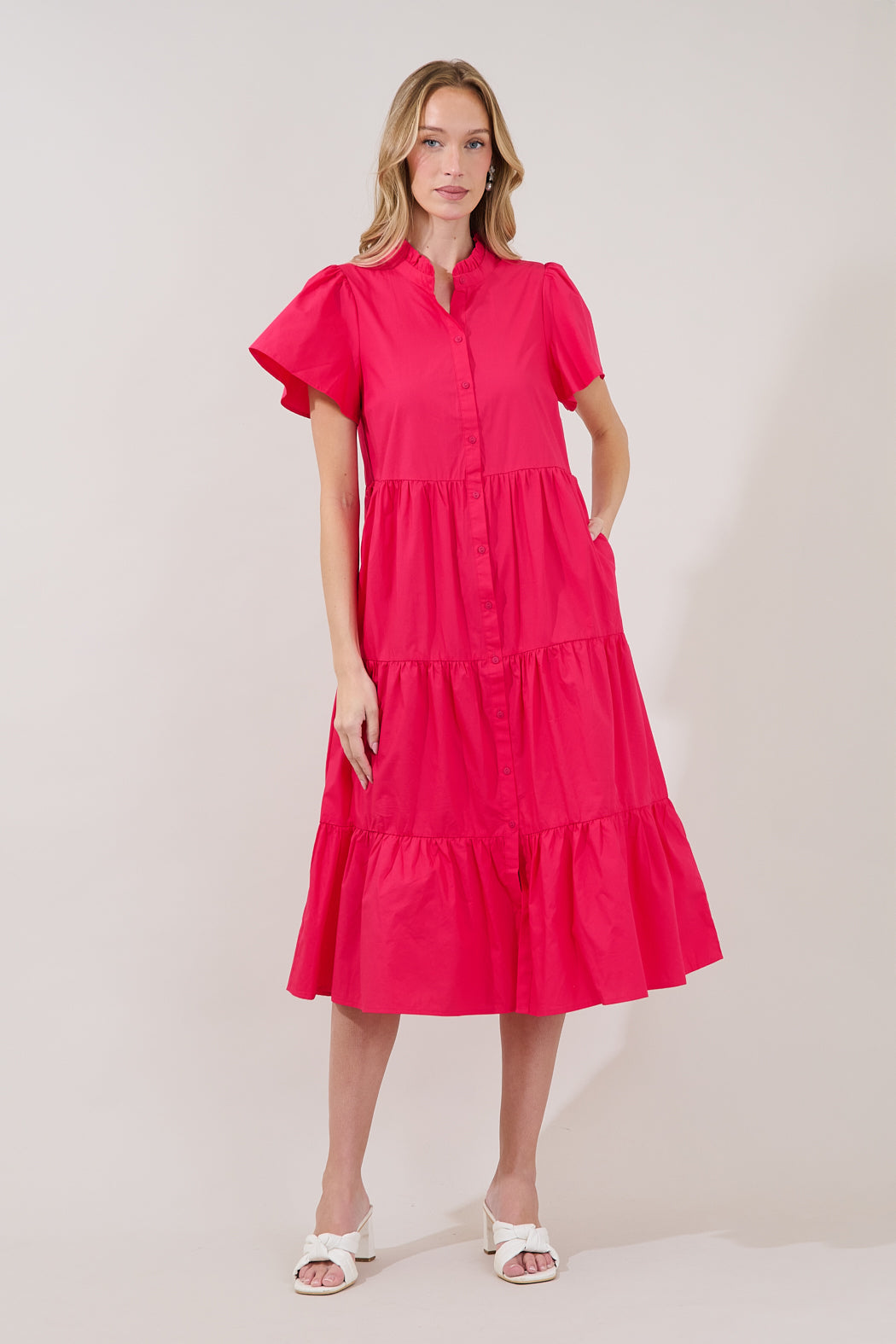 Bellucci Poplin Button Front Tiered Midi Dress