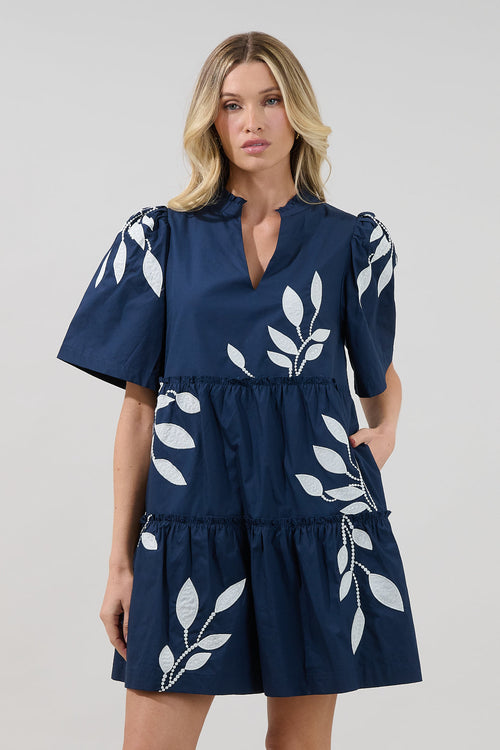 Dixie Split Neck Shift Dress Embroidered Leaf