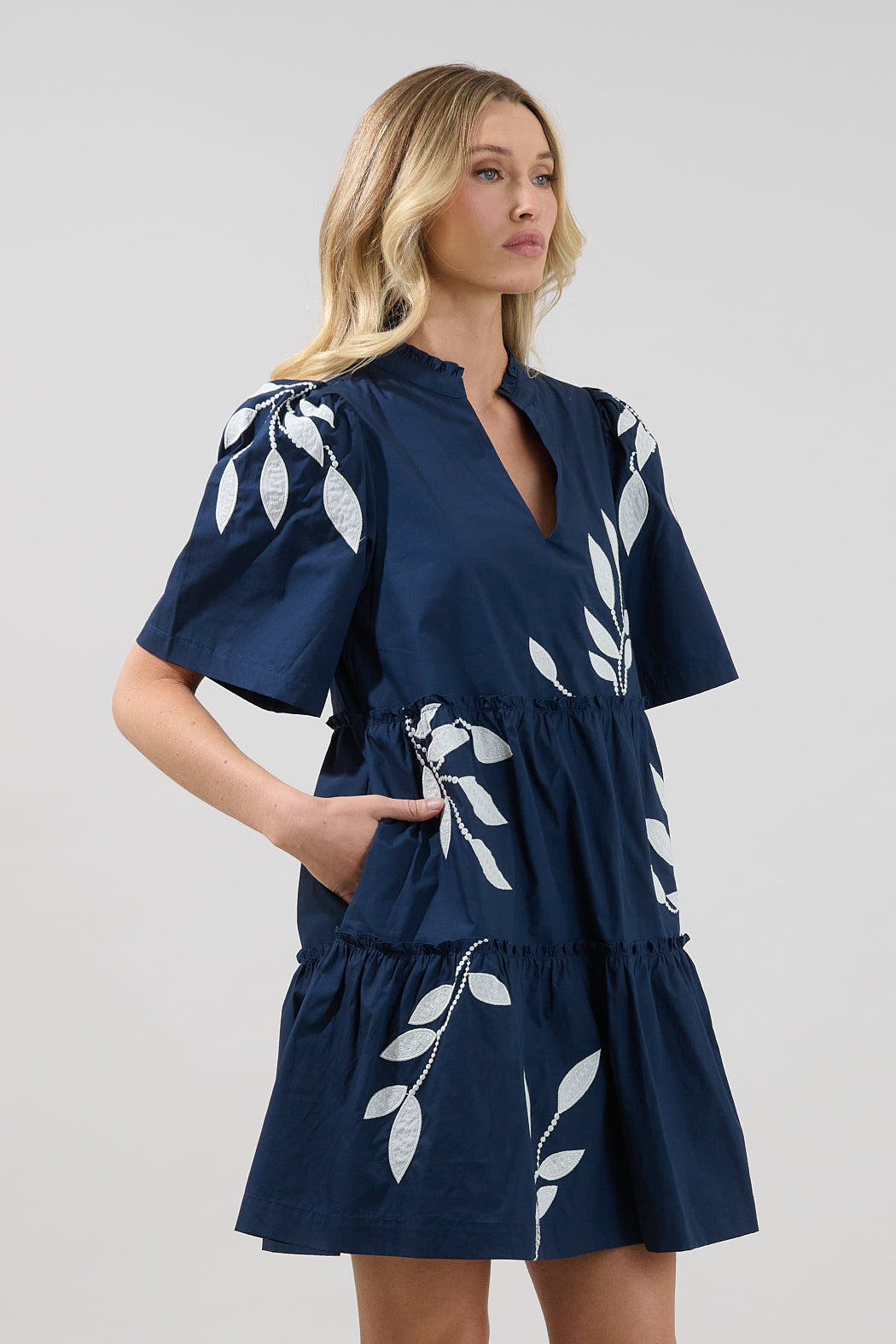 Dixie Split Neck Shift Dress Embroidered Leaf