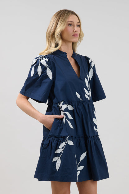 Dixie Split Neck Shift Dress Embroidered Leaf
