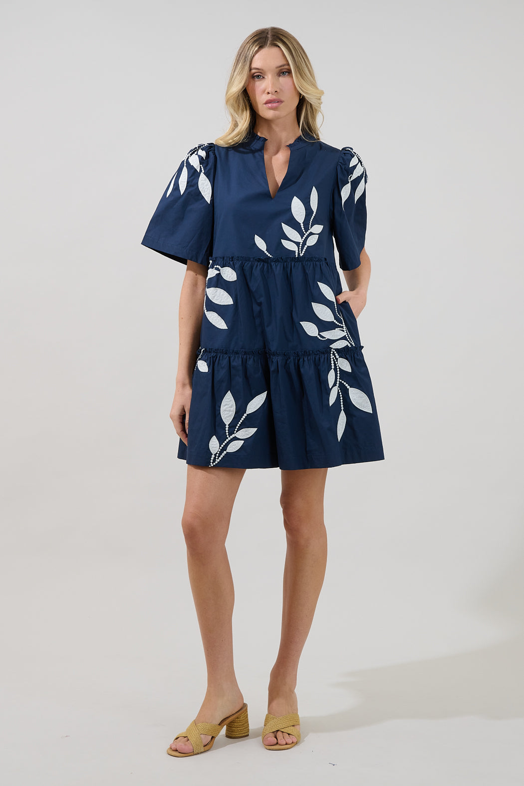 Dixie Split Neck Shift Dress Embroidered Leaf