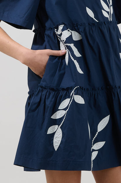 Dixie Split Neck Shift Dress Embroidered Leaf