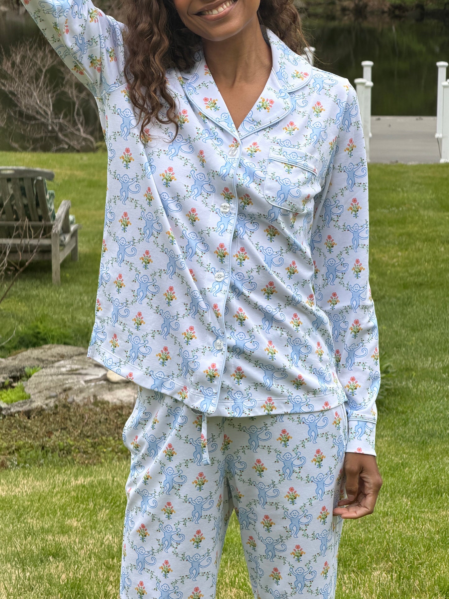 Roller Rabbit x Hill House Long Sleeve Polo Pajamas - Blue Floral Monkey Trellis